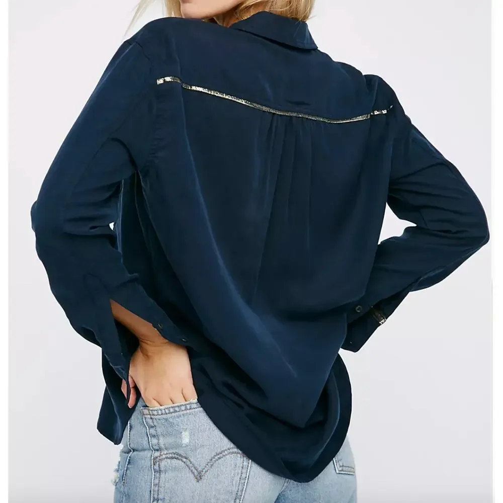 Free People Blue Long Sleeve Off Campus Button Down Tencel Collared Top Size XS